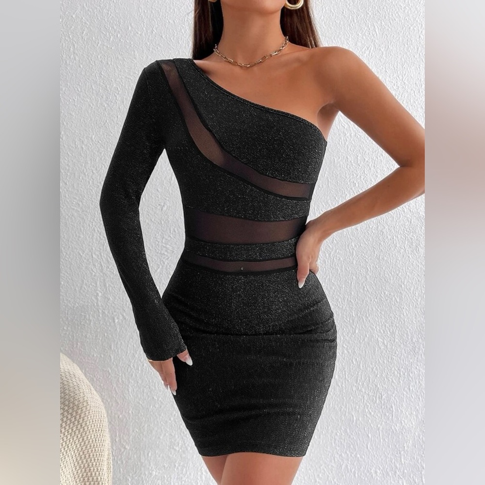 Black One Shoulder Mesh Panel Shimmering Bodycon Dress, US Size S Petite, 4